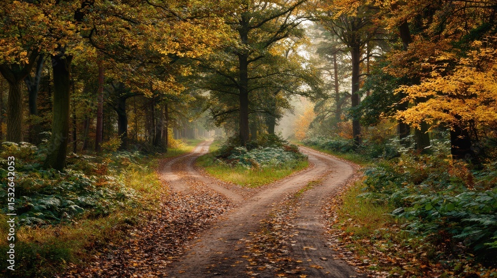 Obraz premium A forked road through golden autumn woods, symbolizing life's choices in nature's quiet embrace.
