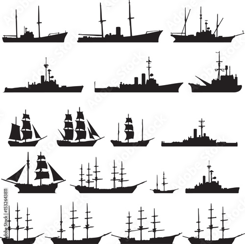 Vintage Sailing Ship Silhouettes – Black & White Nautical Vector Set

Old and Modern Ship Illustrations – Maritime Silhouette Collection

Historic Sailboat and Cargo Ship Silhouettes – Nautical Vector