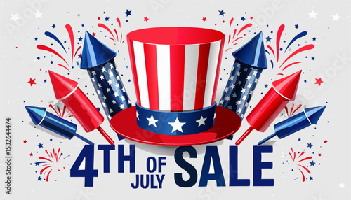 Fourth of july sale fireworks burst around a patriotic top hat