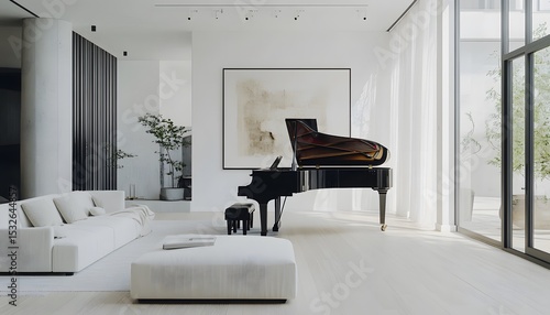 Modern living room with a grand piano and panoramic windows.
