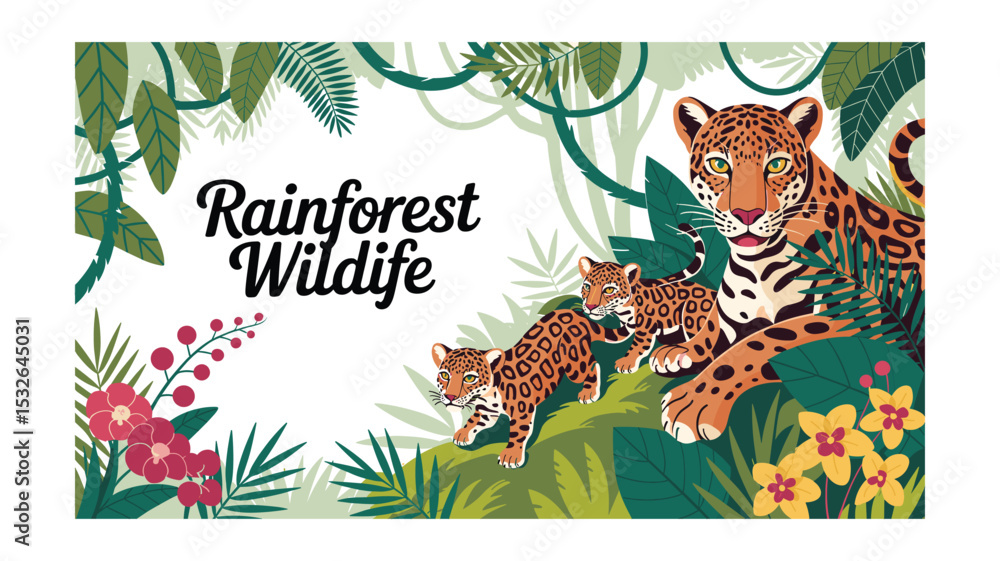 Obraz premium Jaguar Family in the Rainforest: Vector Illustration of Mother and Cubs
