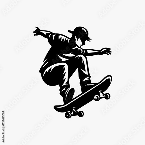 High-flying skateboarder silhouette logo capturing mid-air trick with dynamic motion lines in bold monochrome vector