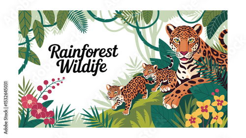Jaguar Family in the Rainforest: Vector Illustration of Mother and Cubs