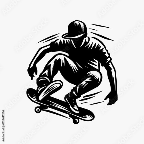 High-flying skateboarder silhouette logo capturing mid-air trick with dynamic motion lines in bold monochrome vector