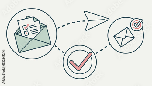 Illustration of an email process showing an envelope with checklist, paper airplane and target envelope