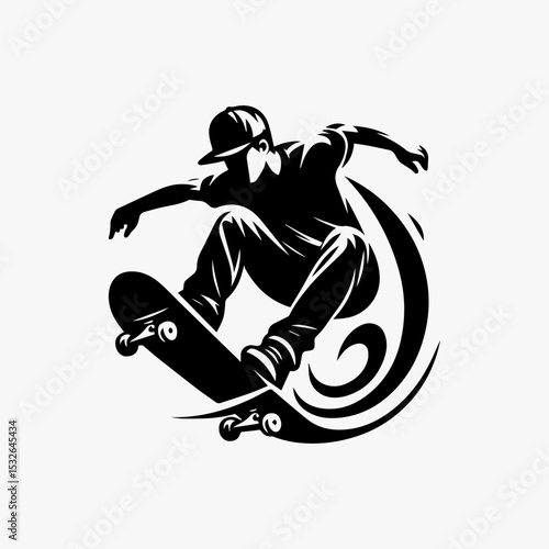 High-flying skateboarder silhouette logo capturing mid-air trick with dynamic motion lines in bold monochrome vector
