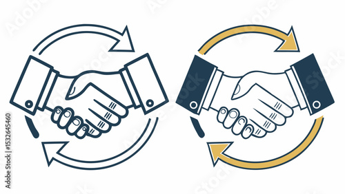Two handshake illustrations with arrows indicating a circular flow of agreement and collaboration depicted