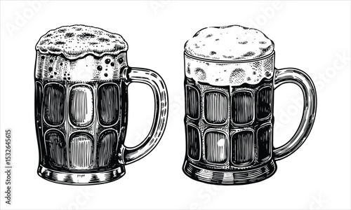 Two beer mugs with foam isolated on white background