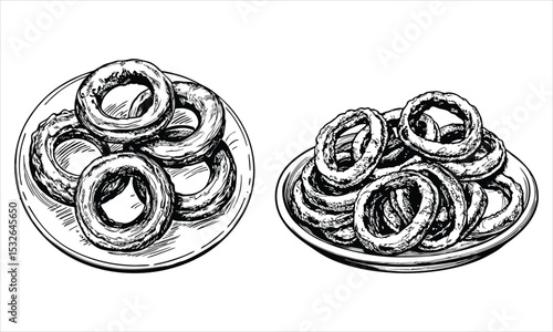 Two plates of crispy onion rings isolated on white background