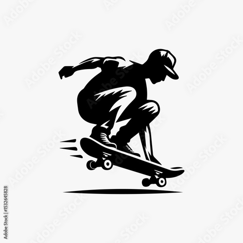 Minimalist extreme sports logo with black silhouette of skateboarder mid-flip showing perfect board control
