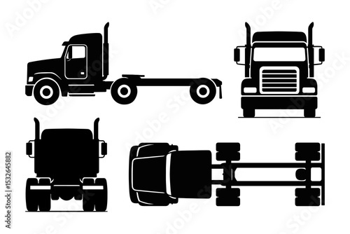 Detailed vector silhouette illustration of a Truck shown from the side, front, and top views