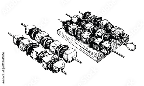 Grilled meat and vegetable skewers isolated on white background