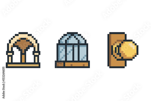 Pixel art window and doorknob icons on neutral background