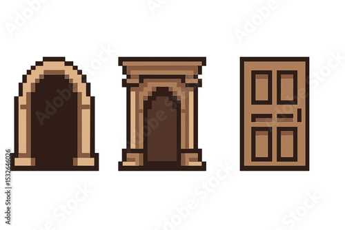 Pixel art archways and door on beige background
