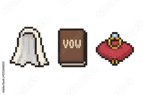 Pixel art wedding icons: bride veil, vow book, ring