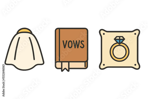 Wedding icons: veil, vows book, and ring on pillow illustrations