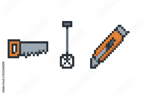 Pixel art tools: saw, shovel, screwdriver in retro style