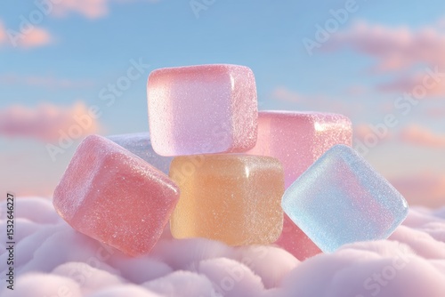 Colorful fantasy ice cubes floating on fluffy clouds under a dreamy sky at sunset. Generative AI
