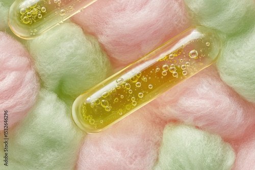 Cosmetic Serum Droplets in Test Tubes on Fluffy Cotton Candy Background. Generative AI