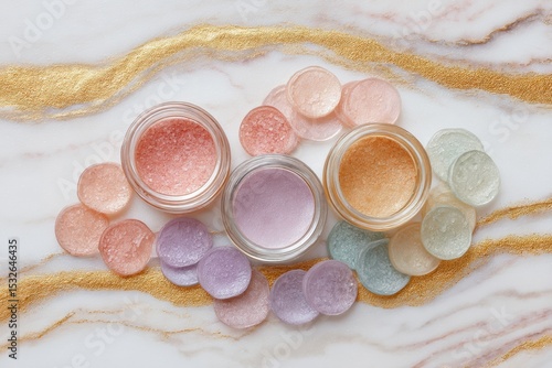Colorful Body Scrub and Exfoliating Pads on White Marble with Gold Veins. Generative AI