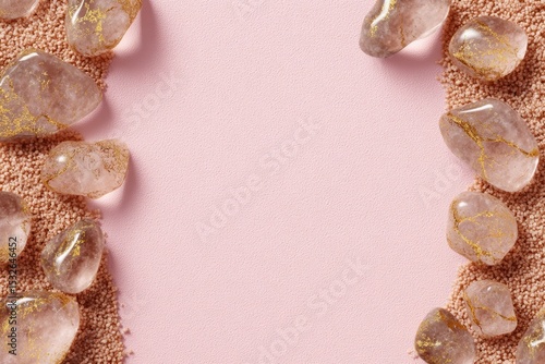 Polished Quartz Crystals Arranged on Pink Background with Decorative Beads. Generative AI