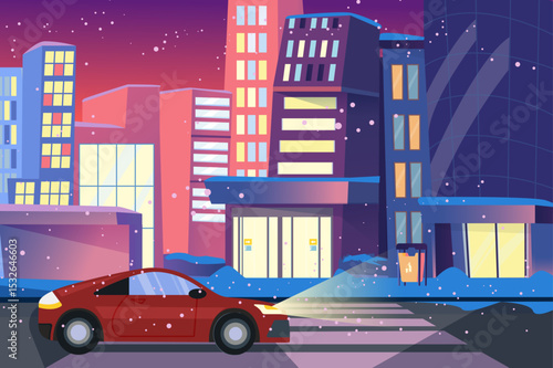 A vibrant snowy cityscape at dusk featuring a red car in front of modern buildings with snowflakes falling. The colors create a cozy atmosphere.