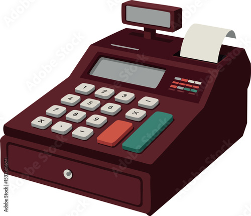 Vintage cash register with receipt roll and colorful buttons in brown tones vector illustration 