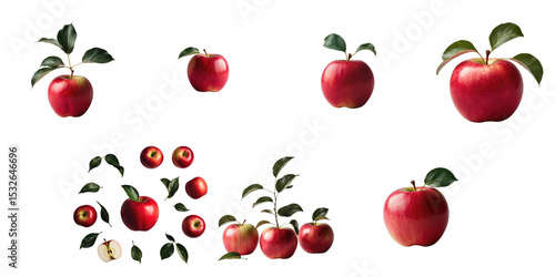 Collection of red gala apples with green leaves on a transparent background showcasing various angles and arrangements including whole apples and cut pieces.