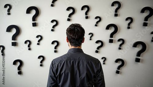 Rear view of a puzzled man standing before a wall covered in question marks.
