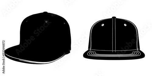 A set of modern black baseball caps is represented by a flat icon symbol in a modern collection
