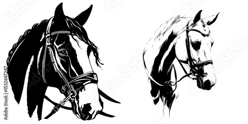 black modern silhouette of animal head - horse with bridle