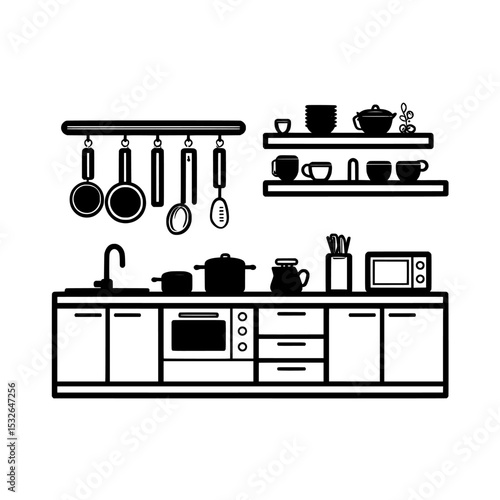 Clipart image of kitchen room silhouette isolated against a white background