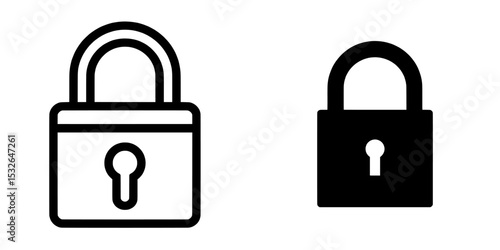 The image features a black isolated icon of a lock in both locked and unlocked positions on a white background, along with a set of silhouetted locked and unlocked padlocks in flat design