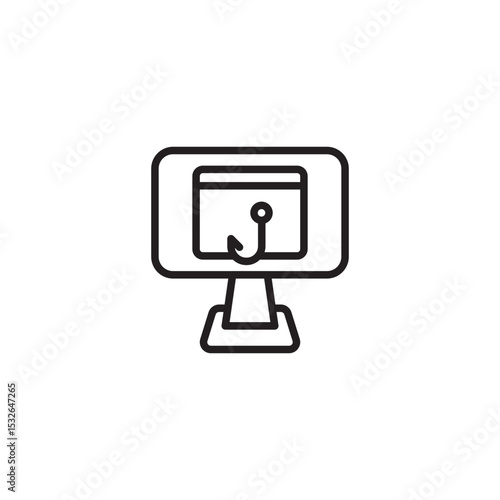 An icon depicting a phishing attempt or online scam, featuring a monitor displaying a screen with a fishing hook, symbolizing deceptive practices to steal information.