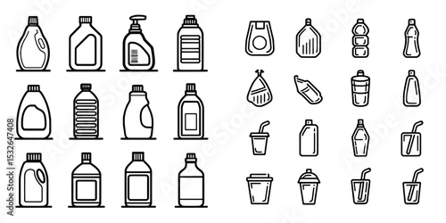 Modern icon set featuring plastic products including a plastic bag, bottle, cup, and straws in outline and silhouette black icons