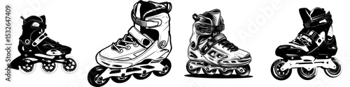 A modern rollerblade depicted in black and white silhouette form