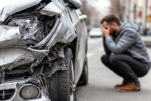 Man in distress after a severe car accident on a busy urban street during the day