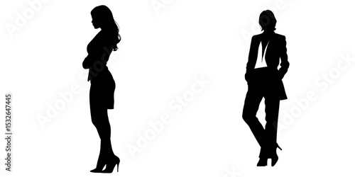 A contemporary woman's silhouette stands alone, depicted in a business setting, with an isolated white background and a single black color tone