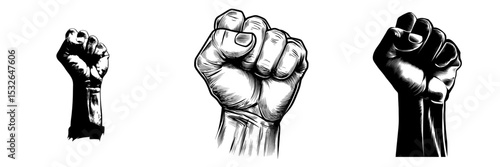 The iconic image of a protester's fist is illustrated in modern times, isolated on a plain white background with a stylized graphic silhouette