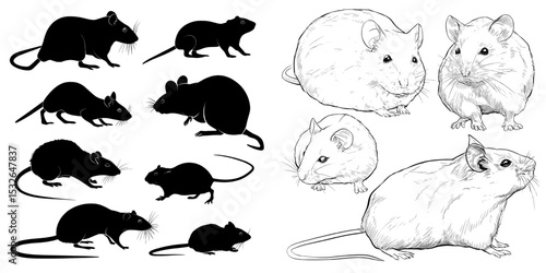 A set of mouse animal silhouettes is isolated on a white background in a modern style, featuring a mouse and a rat with various poses