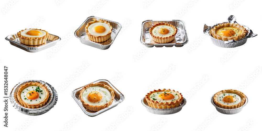 Various egg tarts in aluminum containers arranged on a transparent background showcasing different shapes and designs of the tarts with egg toppings Various egg tarts in aluminum containers arranged on a transparent background showcasing different shapes and designs of the tarts with egg toppings