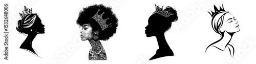 Elegant portrait of a princess or queen in side view with a royal crown, featuring a beautiful female silhouette head profile in modern black