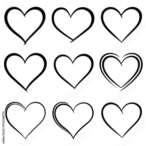 Modern heart icons are presented in isolation on a white background, characterized by a contemporary black flat design aesthetic