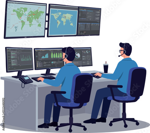 Call center operators working with multiple screens and headsets in office environment vector illustration 