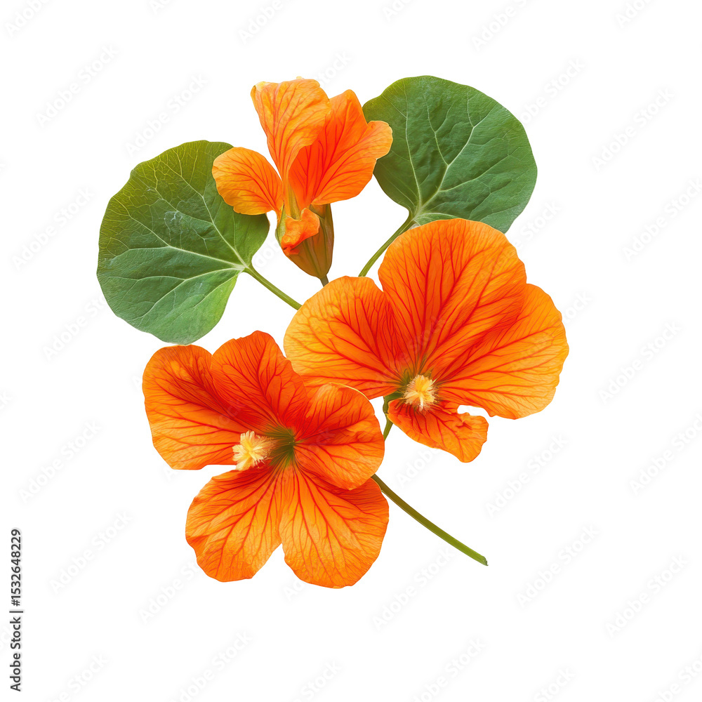 Nasturtium, Close-up image of Vibrant orange Nasturtium flowers (Tropaeolum majus), isolated on transparent background Nasturtium, Close-up image of Vibrant orange Nasturtium flowers (Tropaeolum majus), isolated on transparent background