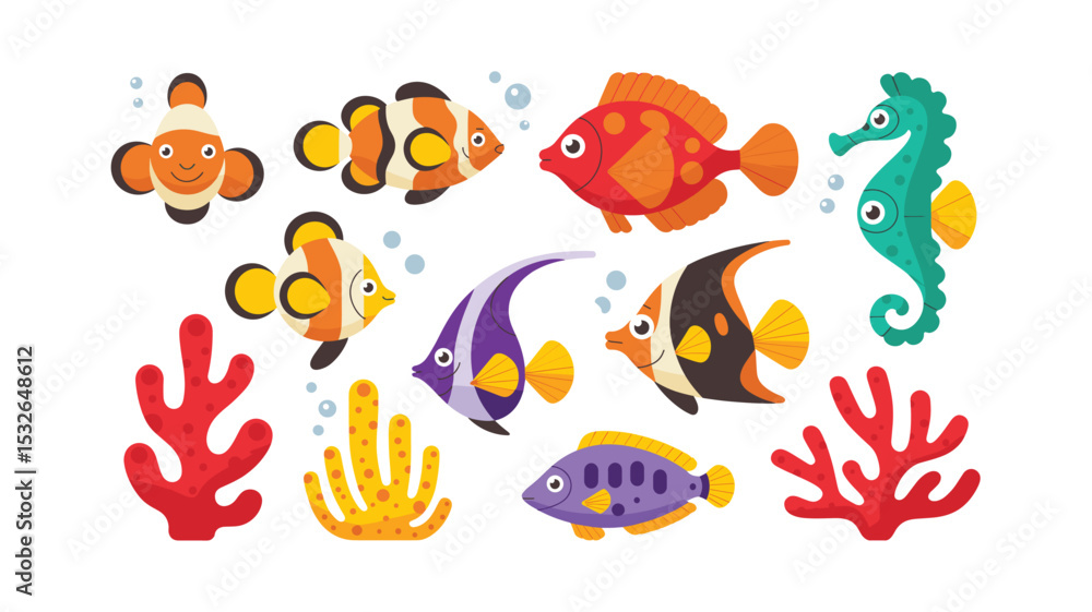 Fototapeta premium Cartoon Sea Life Illustration: Colorful Fish, Seahorse, and Coral Reef Scene