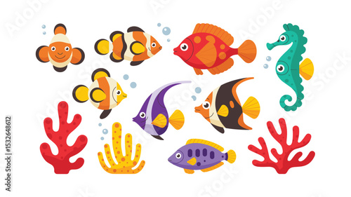 Cartoon Sea Life Illustration: Colorful Fish, Seahorse, and Coral Reef Scene