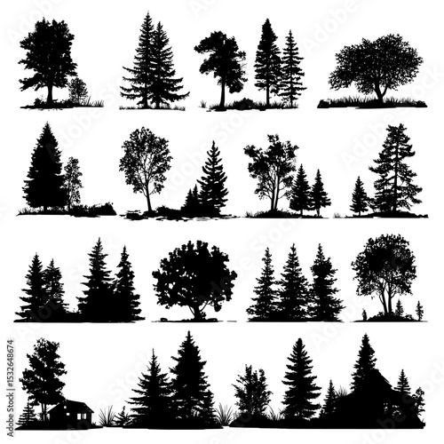 Create your own nature scene using a modern illustration collection that features silhouettes of trees, forests, and other wilderness objects