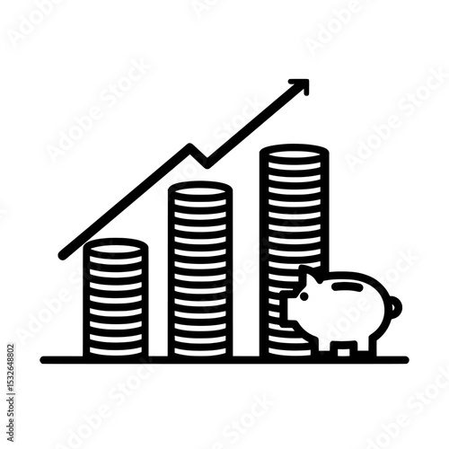 The money income flat icon set includes minimalist black silhouettes of pension funds, profit growth, piggy banks, and finance capital, presented in a modern illustration style for investment