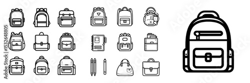 A set of backpack and school bag icons is presented in a modern graphic illustration style, ideal for various design applications